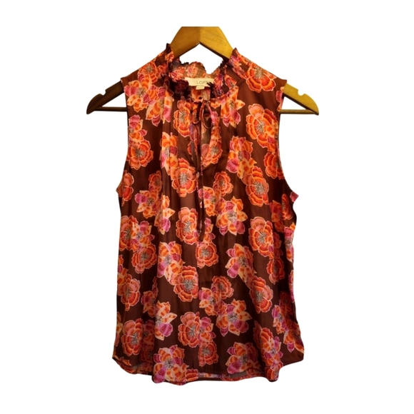 🌼3 for $15🦋 LOFT Sleeveless Pleated Ruffle Split Neck Brown Orange Small - Picture 1 of 11
